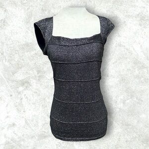 Le Chateau Vintage Black Glitter Stretch Cap Sleeve Top M